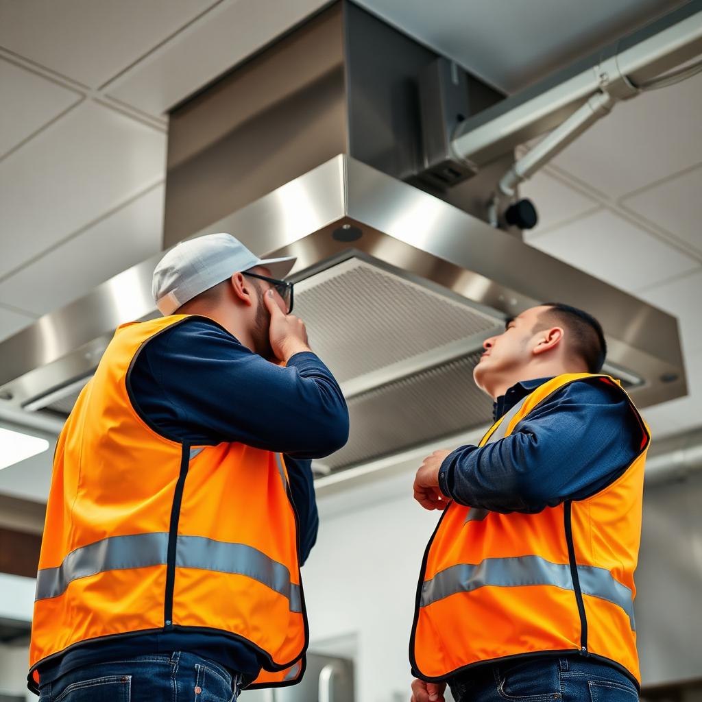 Technicians inspecting a commercial kitchen exhaust hood
