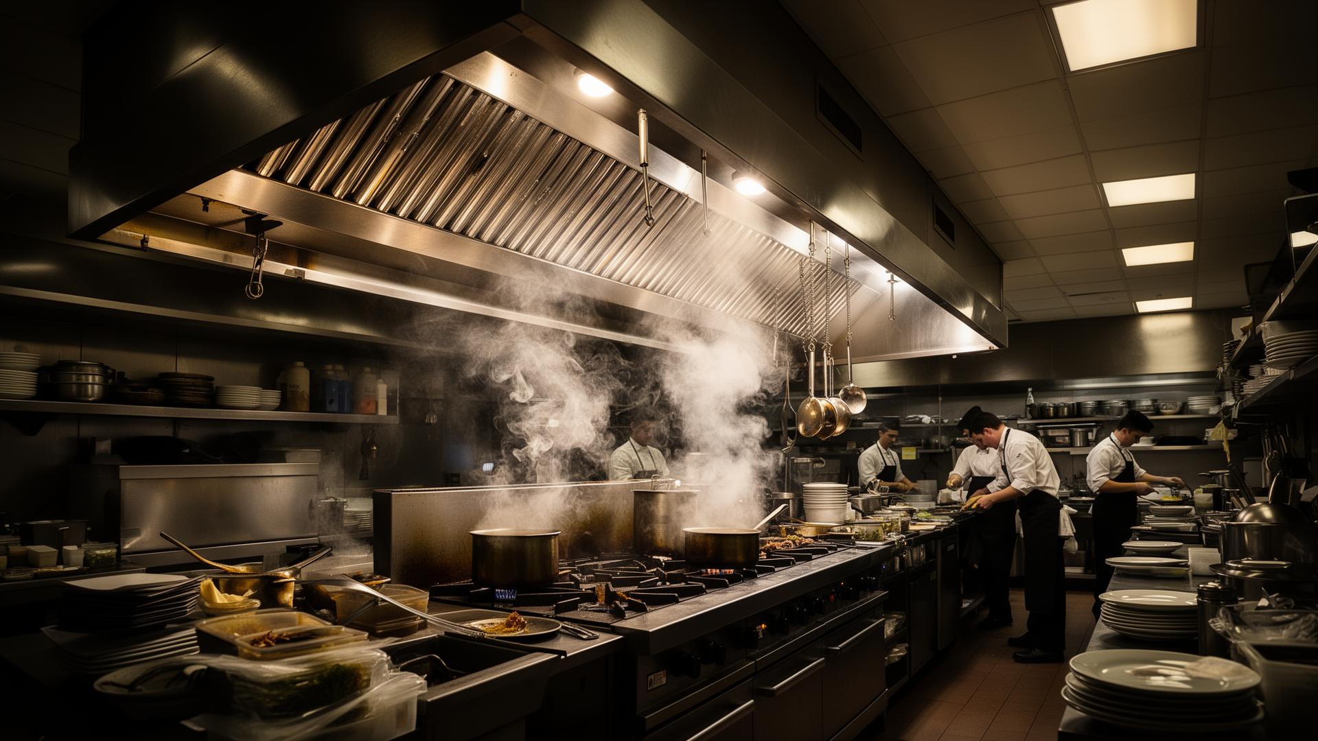 Commercial restaurant kitchen with large stainless steel exhaust hood